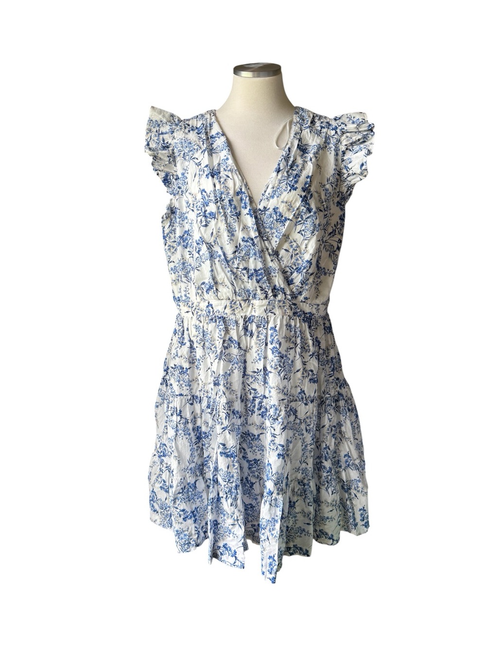 Taylor White and Blue Floral Wrap Mini Dress